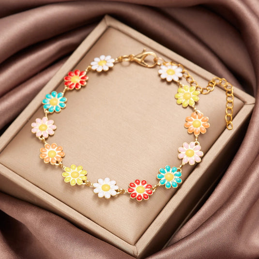 Daisy Flower Design Stainless Steel Charms Bracelet