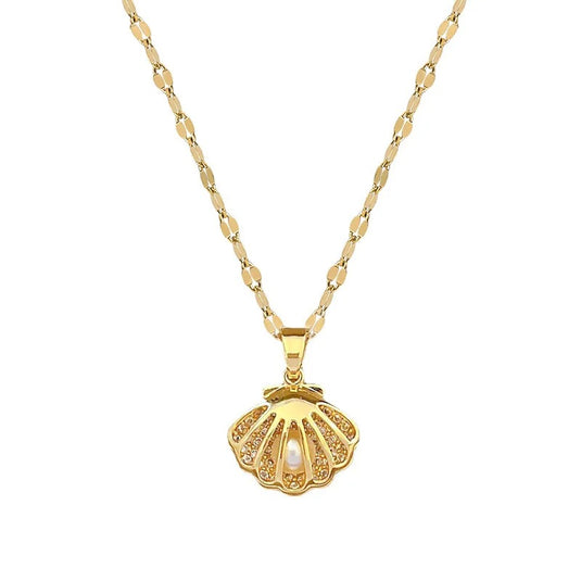 Shell Pearl Pendant Necklace in Stainless Steel