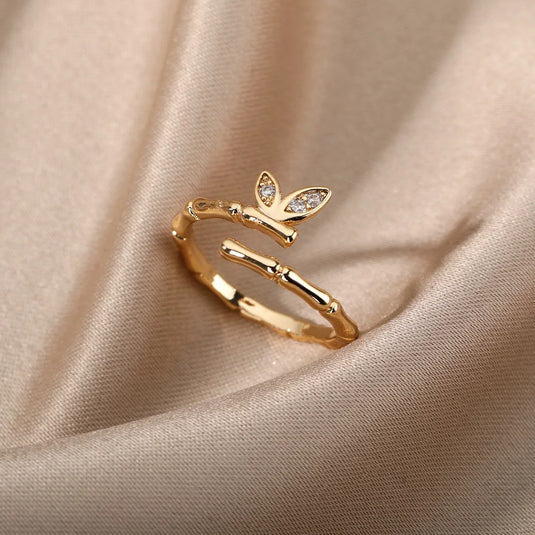 Bee Butterfly Zircon Stud Gold Plated Stainless Steel Adjustable Finger Ring