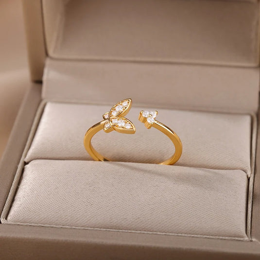 Bee Butterfly Zircon Stud Gold Plated Stainless Steel Adjustable Finger Ring
