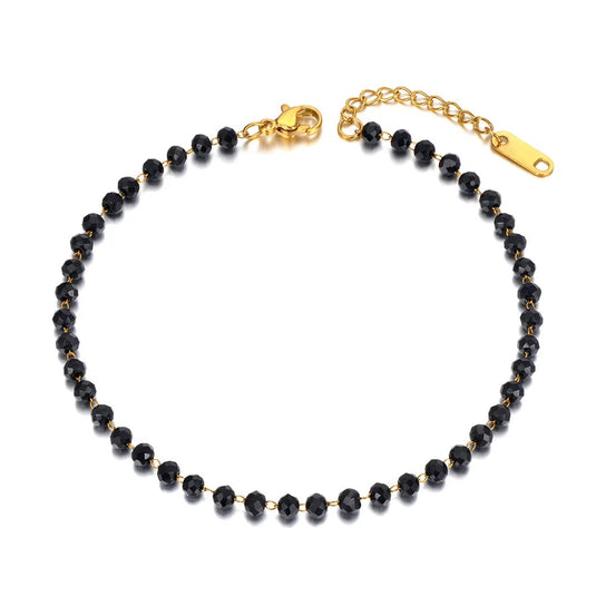 Black Beads Anklet in Stainless Steel in Yellow Gold