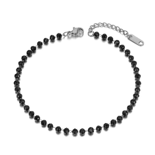 Black Beads Anklet in Stainless Steel in White Gold