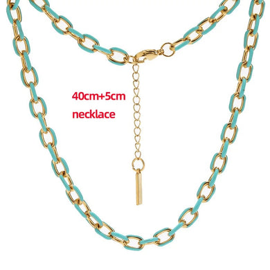 18K Gold Karat Plated Enamel Drip Oil Stainless Steel Cuban Chain Necklace for Men & Women Blue Cyan & Gold