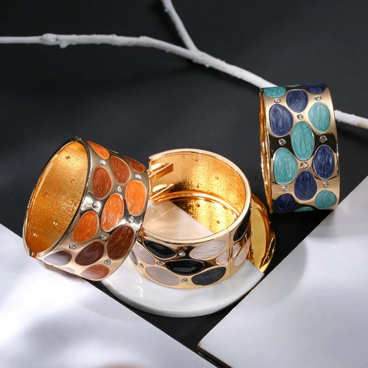 Gold Plated Drop Oil Broad Cuff Bangles in shades of Brown