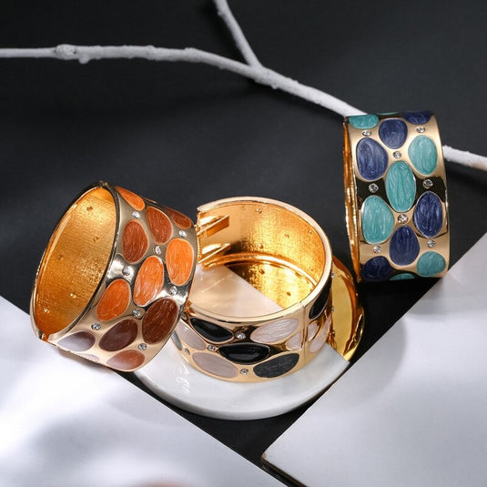 Gold Plated Drop Oil Broad Cuff Bangles in shades of Blue
