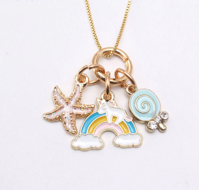 Tiny Unicorn Pendant on a beautiful Rainbow with a Starfish & Ice Cream Multiple Charm Pendant