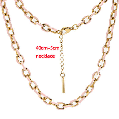 18K Gold Karat Plated Enamel Drip Oil Stainless Steel Cuban Chain Necklace for Men & Women Pink & Gold