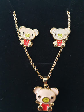 Stainless Steel Set Smiling Little Teddy Bear - Necklace & Earrings