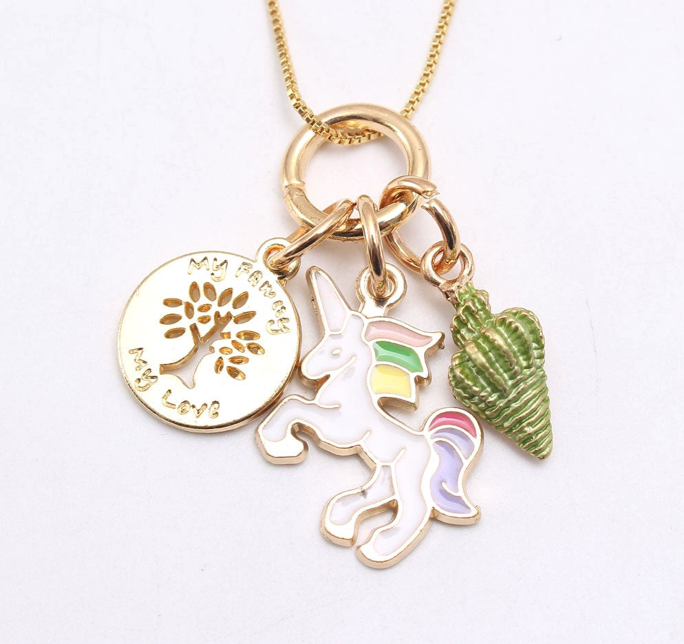 Little Unicorn with a Radiant Green Shell and a Family Tree Multiple Charm Pendant