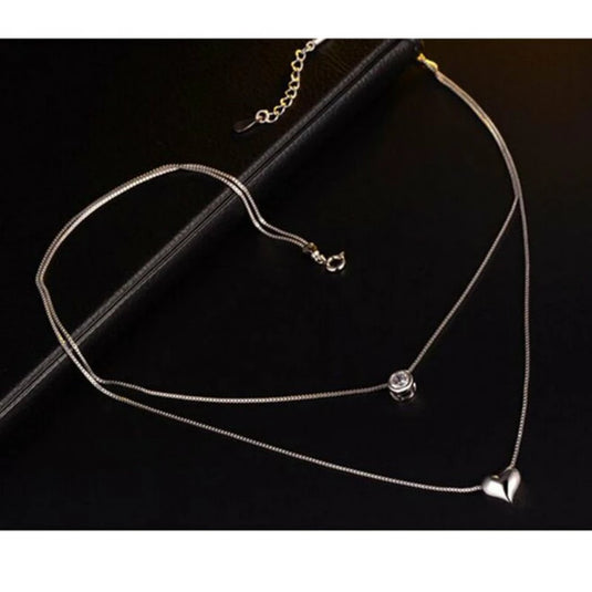 925 Silver Double Layered Necklace with a Crystal & Heart Charm