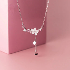 925 Silver Necklace with Beautiful Pink and White Flowers in a Tassel design (N)