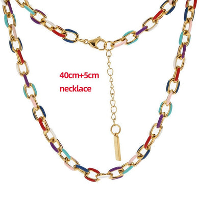 18K Gold Karat Plated Enamel Drip Oil Stainless Steel Multicolor Cuban Chain Necklace for Men & Women (N)