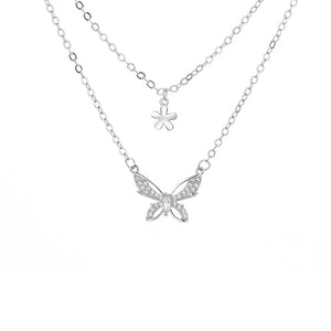 925 Silver Double Layer Butterfly & Flower Charms Necklace