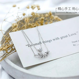 925 Silver Double Layer Leaf and Solitaire Charm Necklace