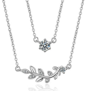 925 Silver Double Layer Leaf and Solitaire Charm Necklace