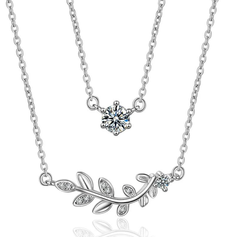 925 Silver Double Layer Leaf and Solitaire Charm Necklace