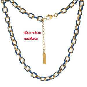 18K Gold Karat Plated Enamel Drip Oil Stainless Steel Cuban Chain Necklace for Men & Women in Deep Blue color & Gold