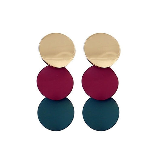 Korean Style Metallic Danglers in a combination of Wine Red, Green and Gold