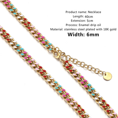 18K Gold Karat Plated Enamel Drip Oil Stainless Steel Multicolor Cuban Chain Necklace for Men & Women