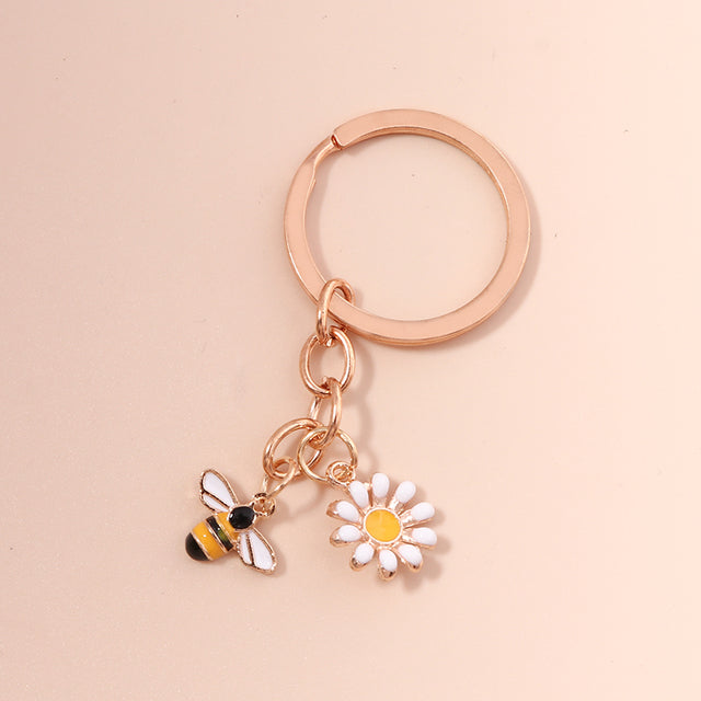 White Flower with a Bee Bag Charm / Keychain