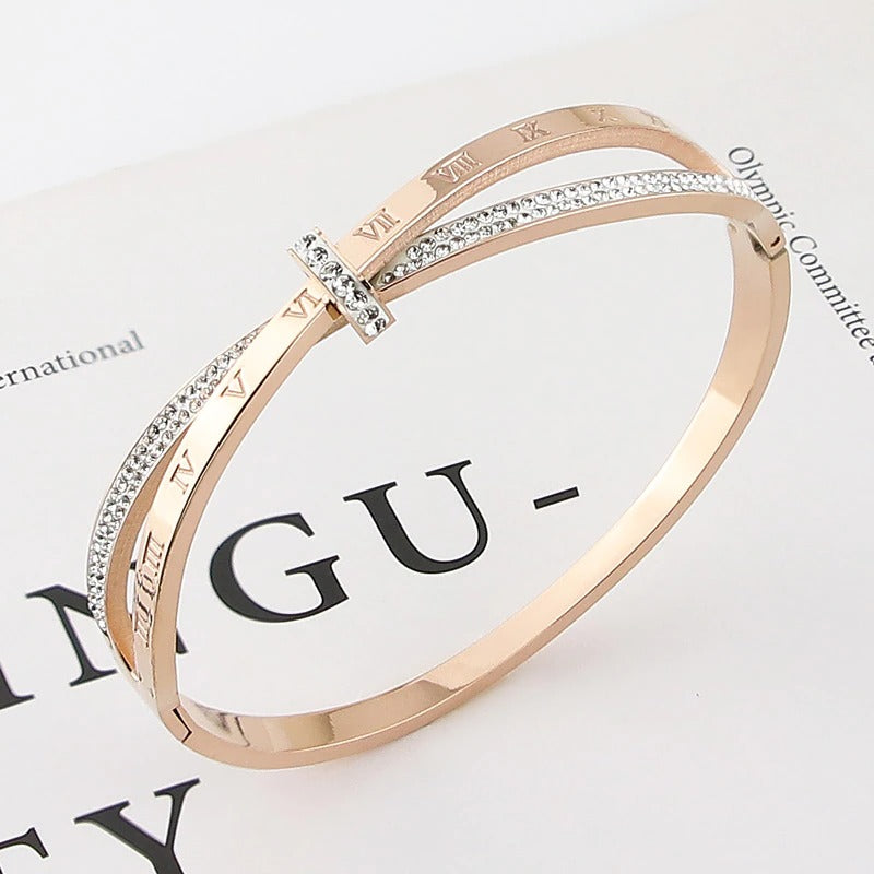 Stainless Steel Cuff Bangle Styled with Crystals and Roman Numerals