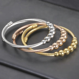 Stainless Steel Stretch Adjustable Beaded Cuff Bangle