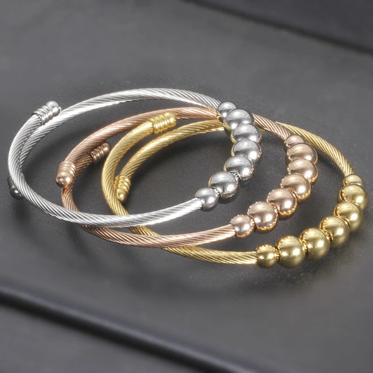 Stainless Steel Stretch Adjustable Beaded Cuff Bangle