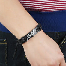 Load image into Gallery viewer, Woven Leather Adjustable Men&#39;s Bracelet in Batman style in Black